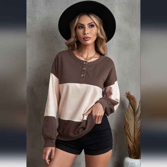 New Khaki button pullover colorblock sweatshirt - Picture 5 of 7